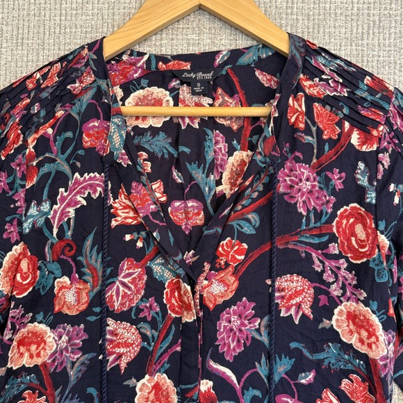 Lucky Brand Floral Print‎ Blouse Tassel V Neck Long Sleeve Top Sz S Boho Y2K 90s - Picture 3 of 14
